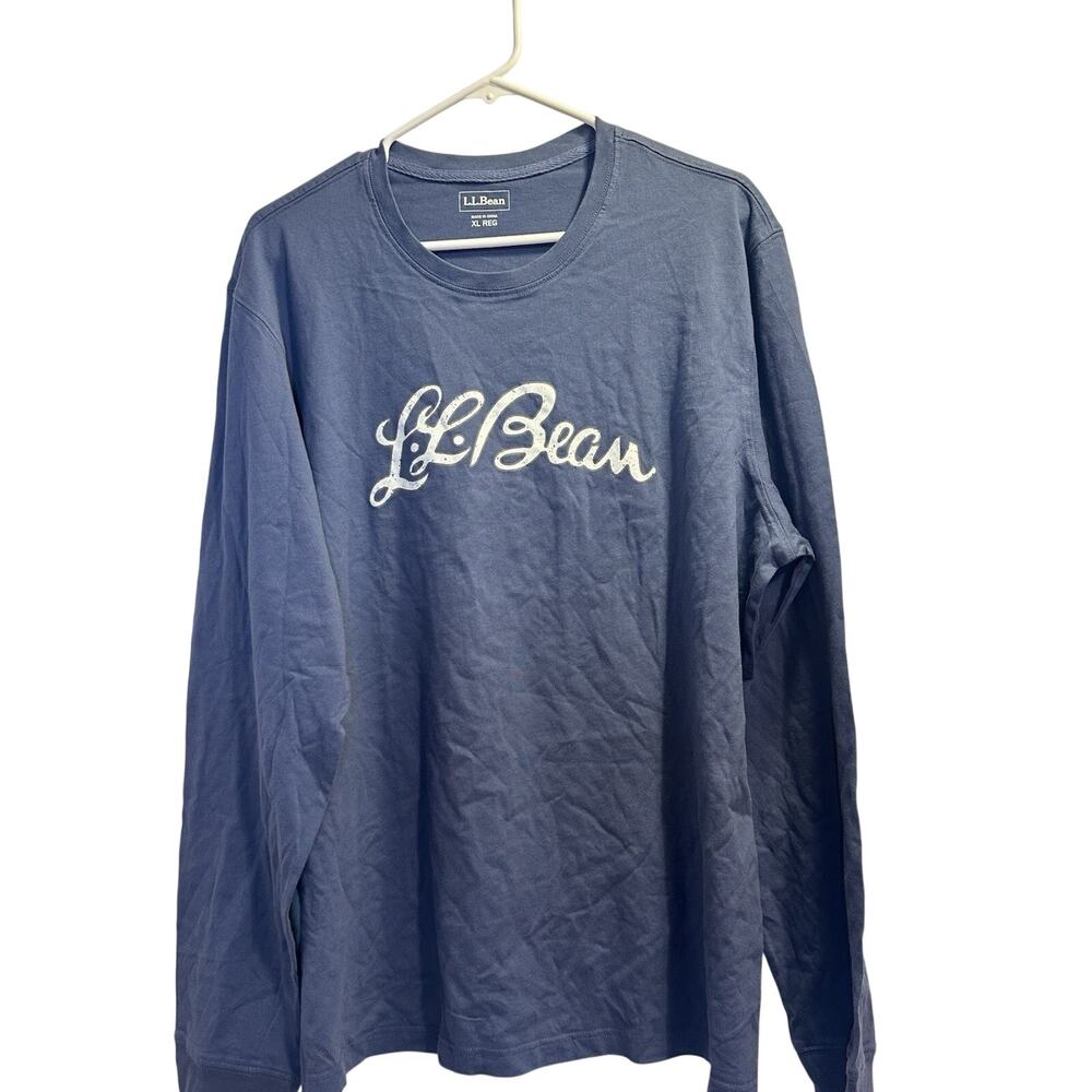 L.L.Bean Men’s XL Long Sleeve T Shirt Blue Spellout Logo 100% Cotton Casual